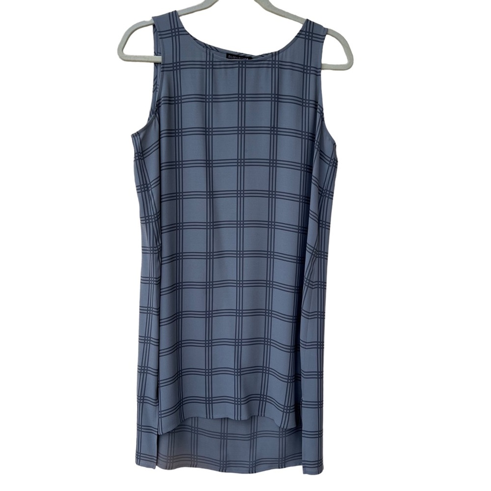EILEEN FISHER ASH PLAID PRINTED SILK SCOOP NECK TUNIC, Size S